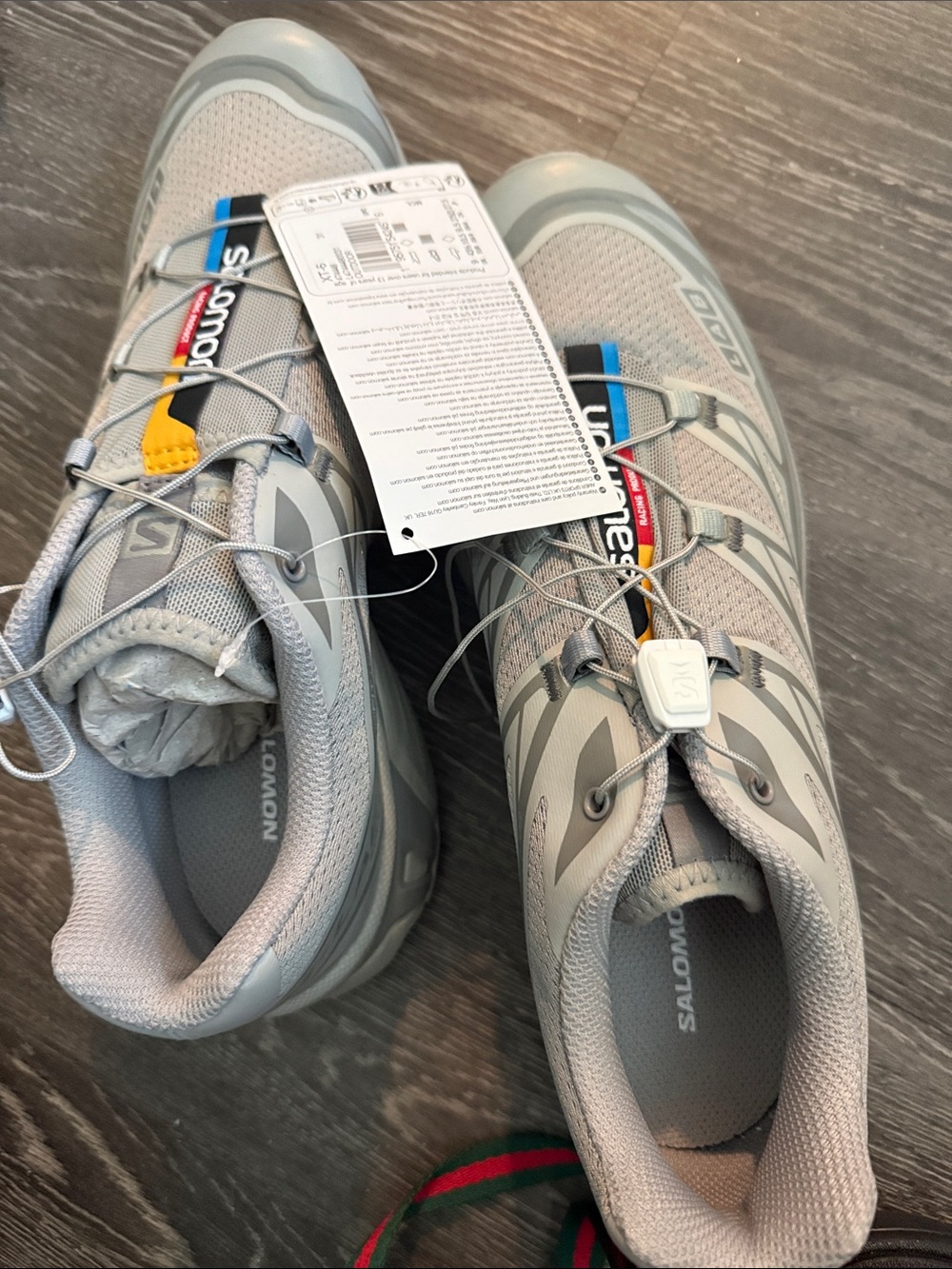 Salomon Light Gray Trail Shoes with Blue Yellow Red Accents
